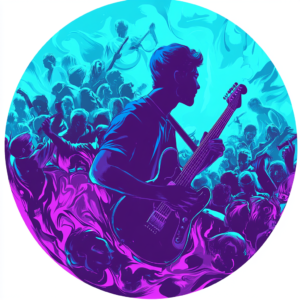 Музикант, който свири на китара пред публика. Снимката е в тюркоазени и виолетови цветове